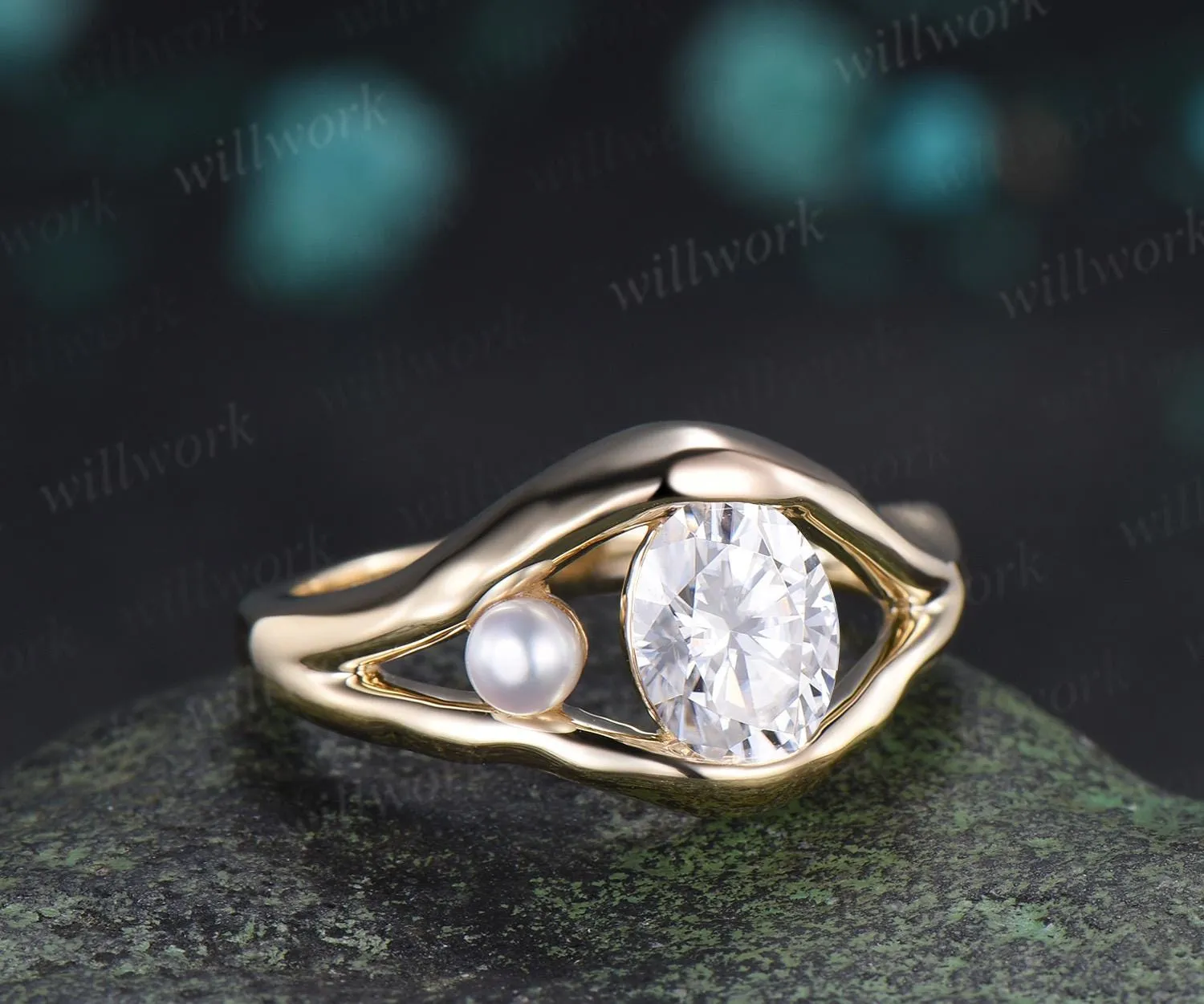 Vintage oval cut moissanite pearl unique engagement ring solid 14k yellow gold anniversary wedding ring women gift sold by Willwork Jewelry product image thumbnail 3