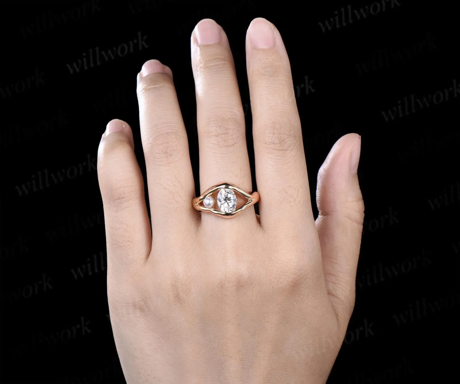 Vintage oval cut moissanite pearl unique engagement ring solid 14k yellow gold anniversary wedding ring women gift sold by Willwork Jewelry product image thumbnail 2