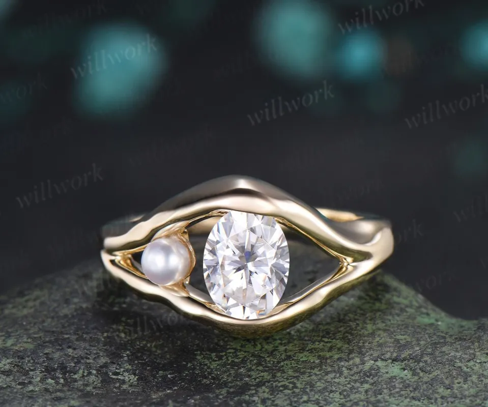 Vintage oval cut moissanite pearl unique engagement ring solid 14k yellow gold anniversary wedding ring women gift made by Willwork Jewelry