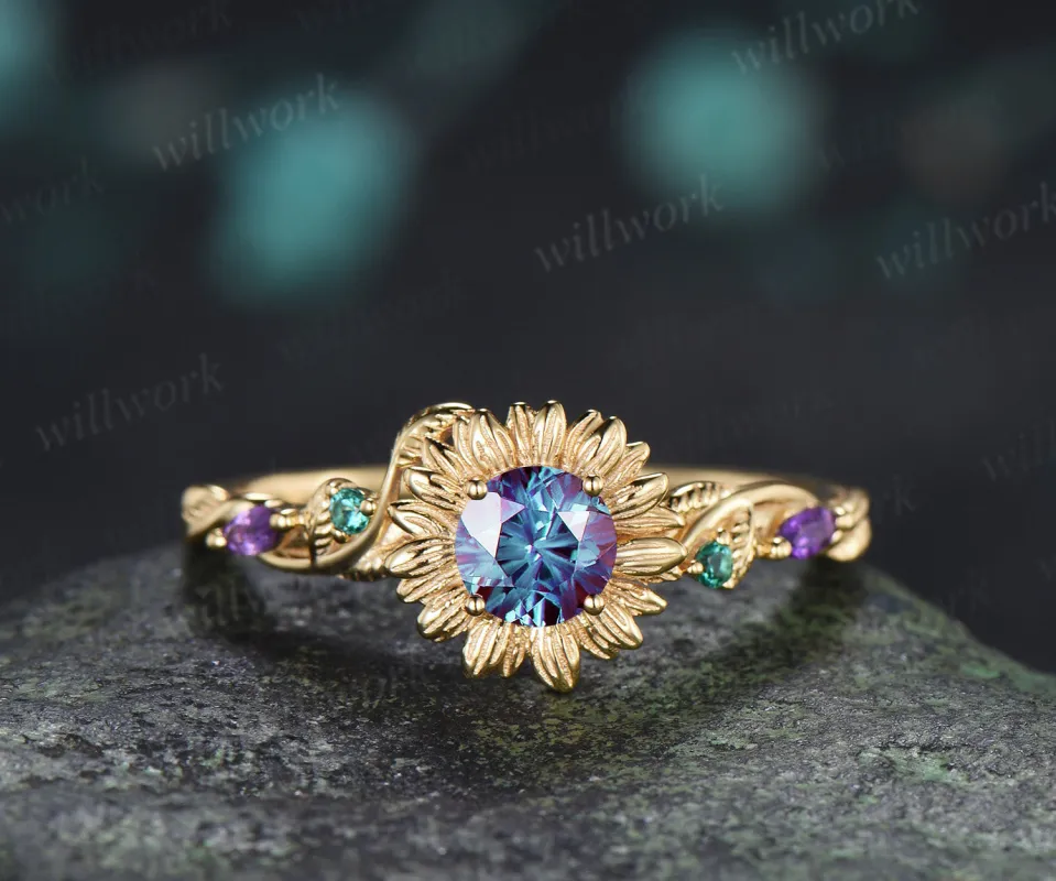 Round Fireworks Cut Alexandrite Sunflower Engagement Ring Leaf Twig Amethyst Emerald Accent Promise Ring made by Willwork Jewelry