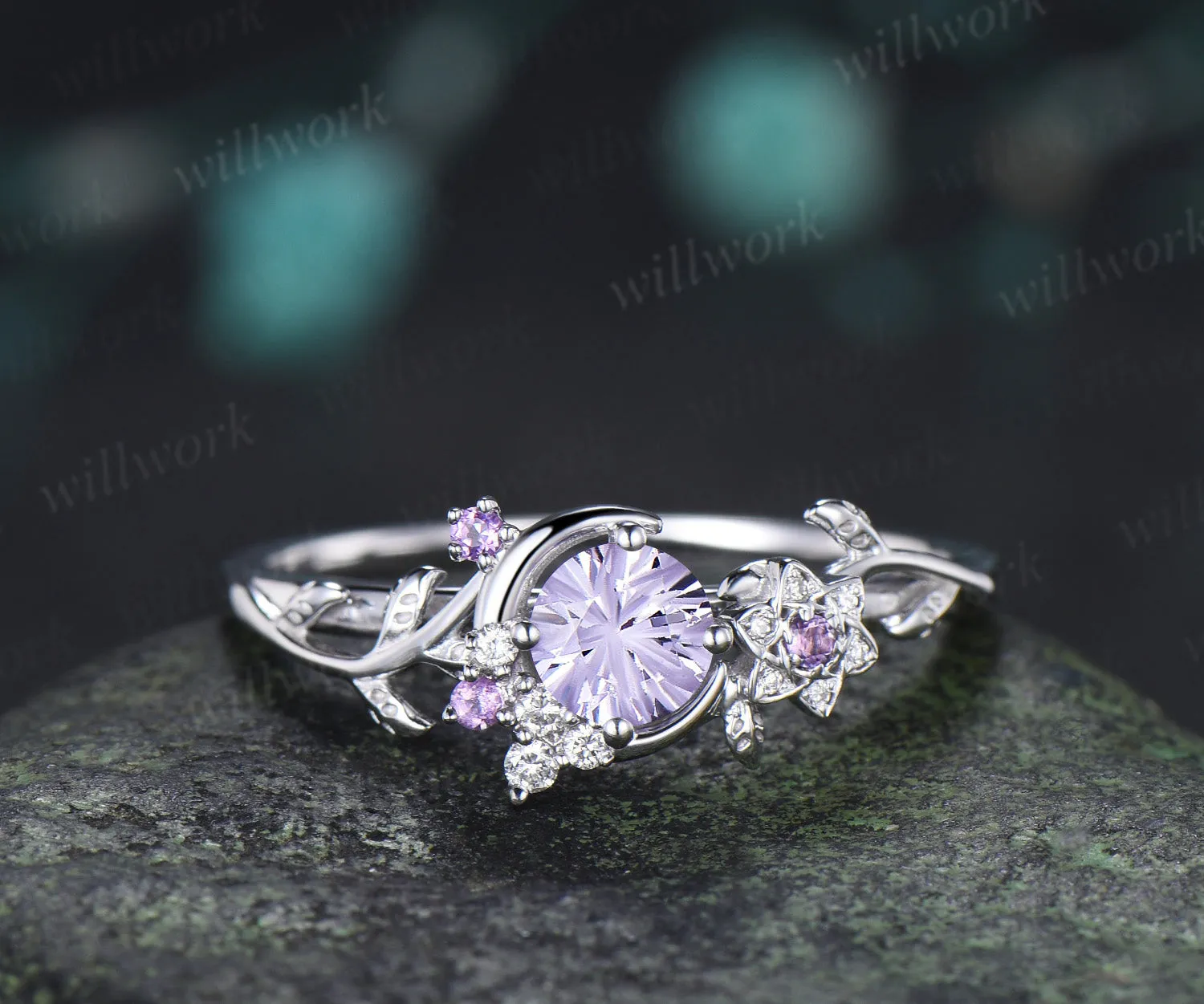Round Fireworks Cut Lavender Amethyst Engagement Ring Moon Leaf Vine Floral Promise Ring Unique Diamond Cluster Ring Gift sold by Willwork Jewelry