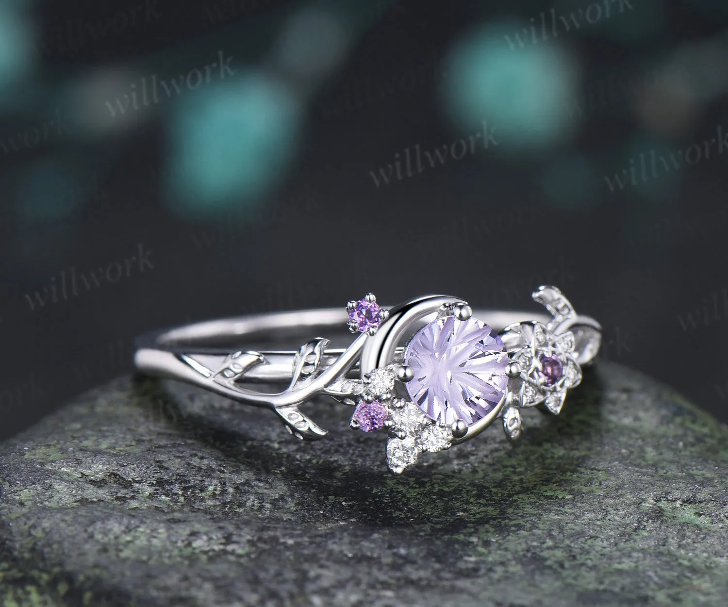 Round Fireworks Cut Lavender Amethyst Engagement Ring Moon Leaf Vine Floral Promise Ring Unique Diamond Cluster Ring Gift sold by Willwork Jewelry product image thumbnail 4