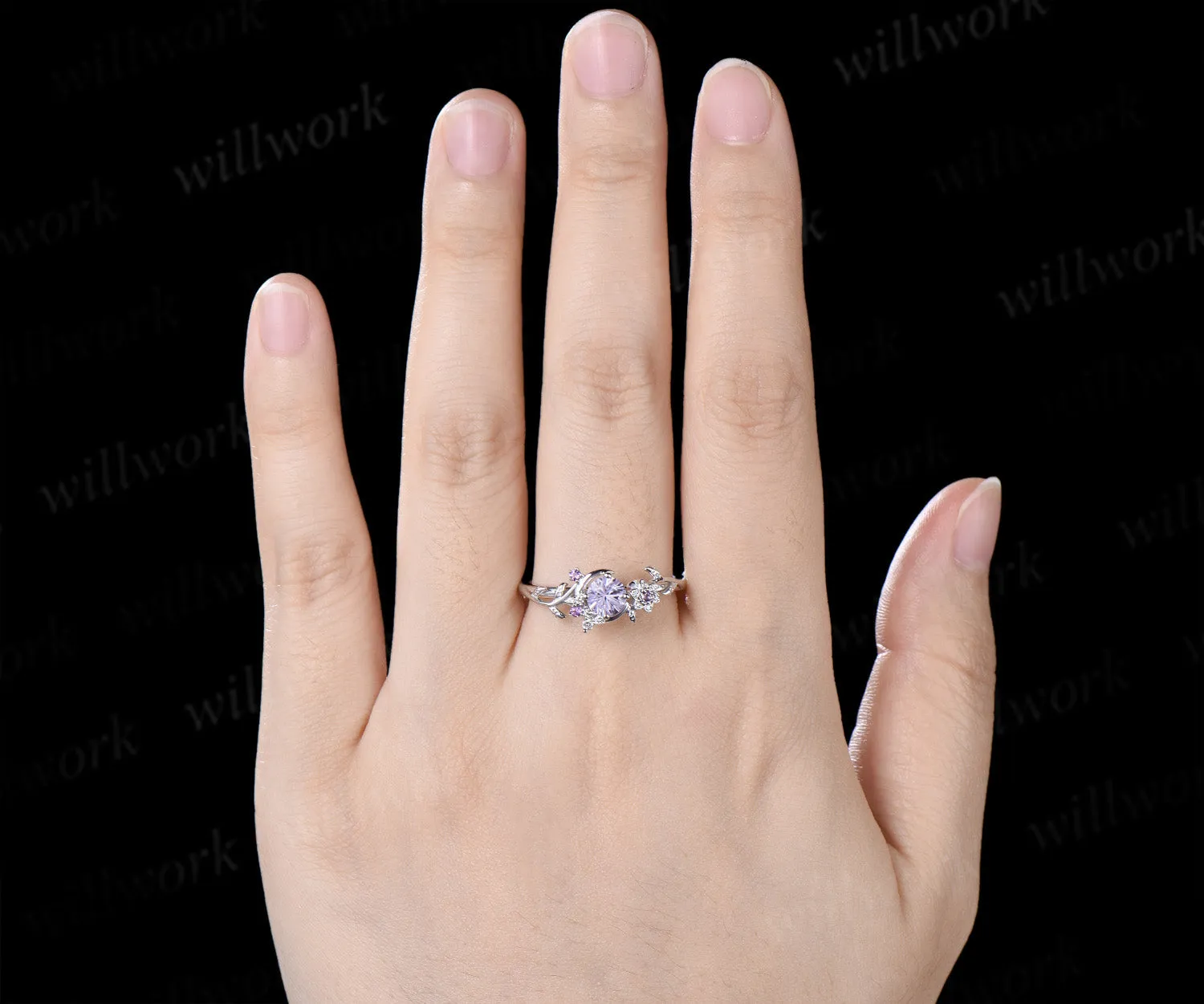 Round Fireworks Cut Lavender Amethyst Engagement Ring Moon Leaf Vine Floral Promise Ring Unique Diamond Cluster Ring Gift sold by Willwork Jewelry product image thumbnail 2