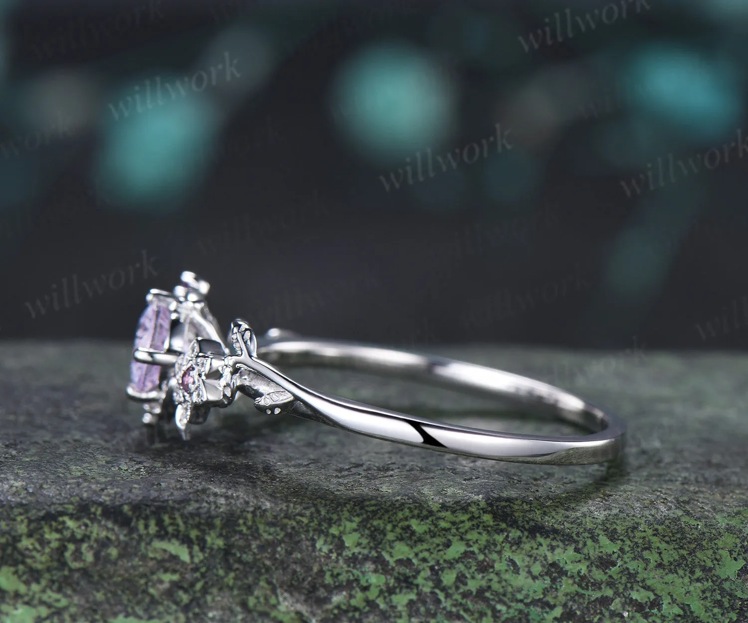 Round Fireworks Cut Lavender Amethyst Engagement Ring Moon Leaf Vine Floral Promise Ring Unique Diamond Cluster Ring Gift sold by Willwork Jewelry product image thumbnail 5