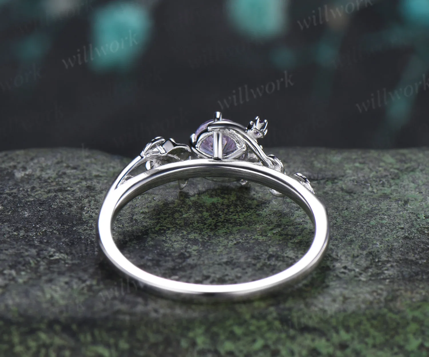 Round Fireworks Cut Lavender Amethyst Engagement Ring Moon Leaf Vine Floral Promise Ring Unique Diamond Cluster Ring Gift sold by Willwork Jewelry product image thumbnail 3