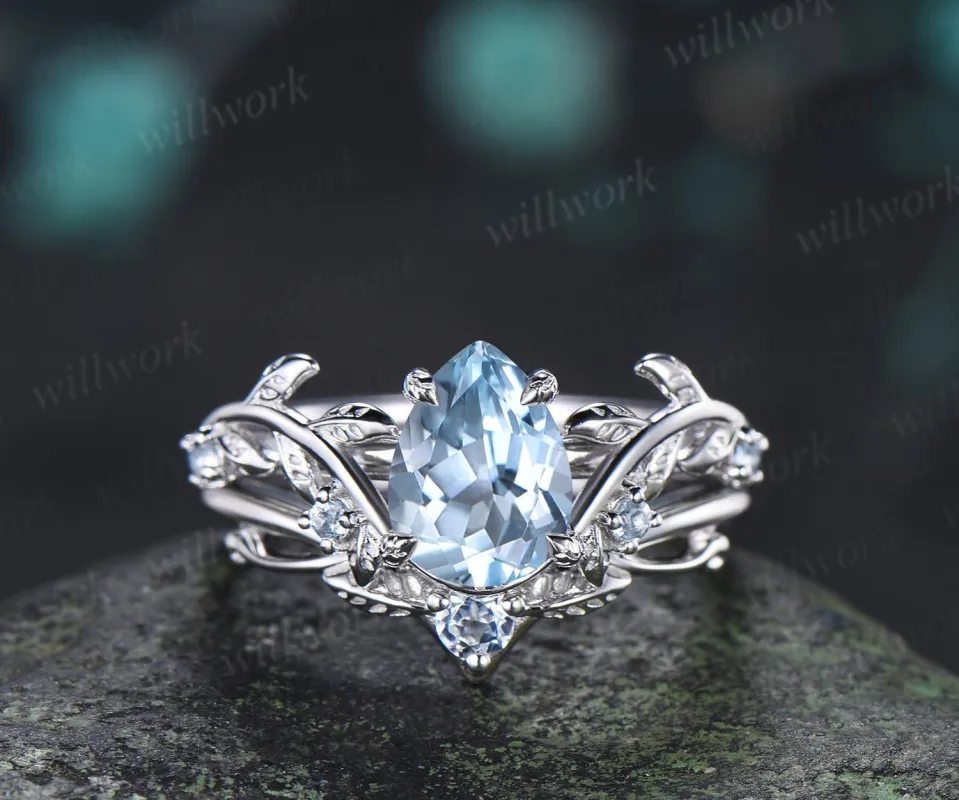Teardrop pear cut aquamarine engagement ring 14k white gold vintage leaf nature inspired stacking promise wedding ring set women gift made by Willwork Jewelry