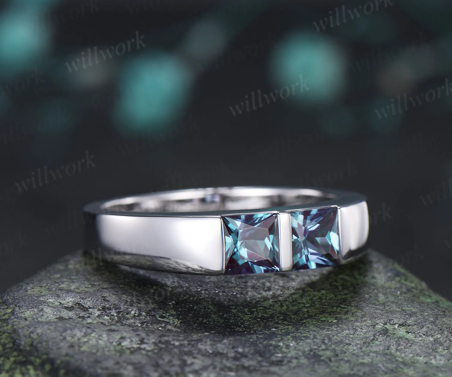 Princess Cut Color-Change Alexandrite Men Wedding Band Toi et Moi Two Stone Ring Unique Anniversary Gifts for Men sold by Willwork Jewelry product image thumbnail 5