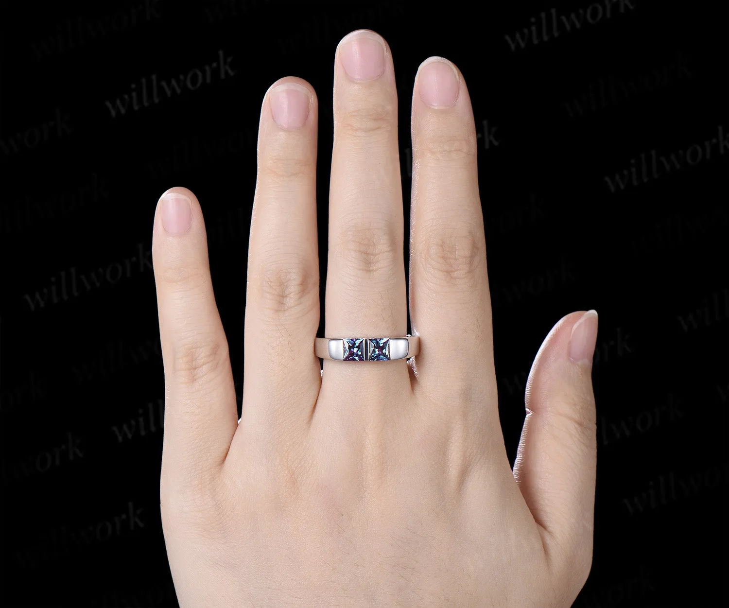 Princess Cut Color-Change Alexandrite Men Wedding Band Toi et Moi Two Stone Ring Unique Anniversary Gifts for Men sold by Willwork Jewelry product image thumbnail 2
