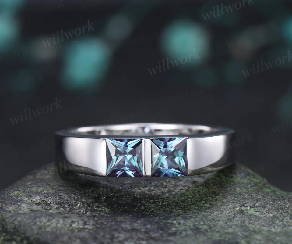 Princess Cut Color-Change Alexandrite Men Wedding Band Toi et Moi Two Stone Ring Unique Anniversary Gifts for Men made by Willwork Jewelry