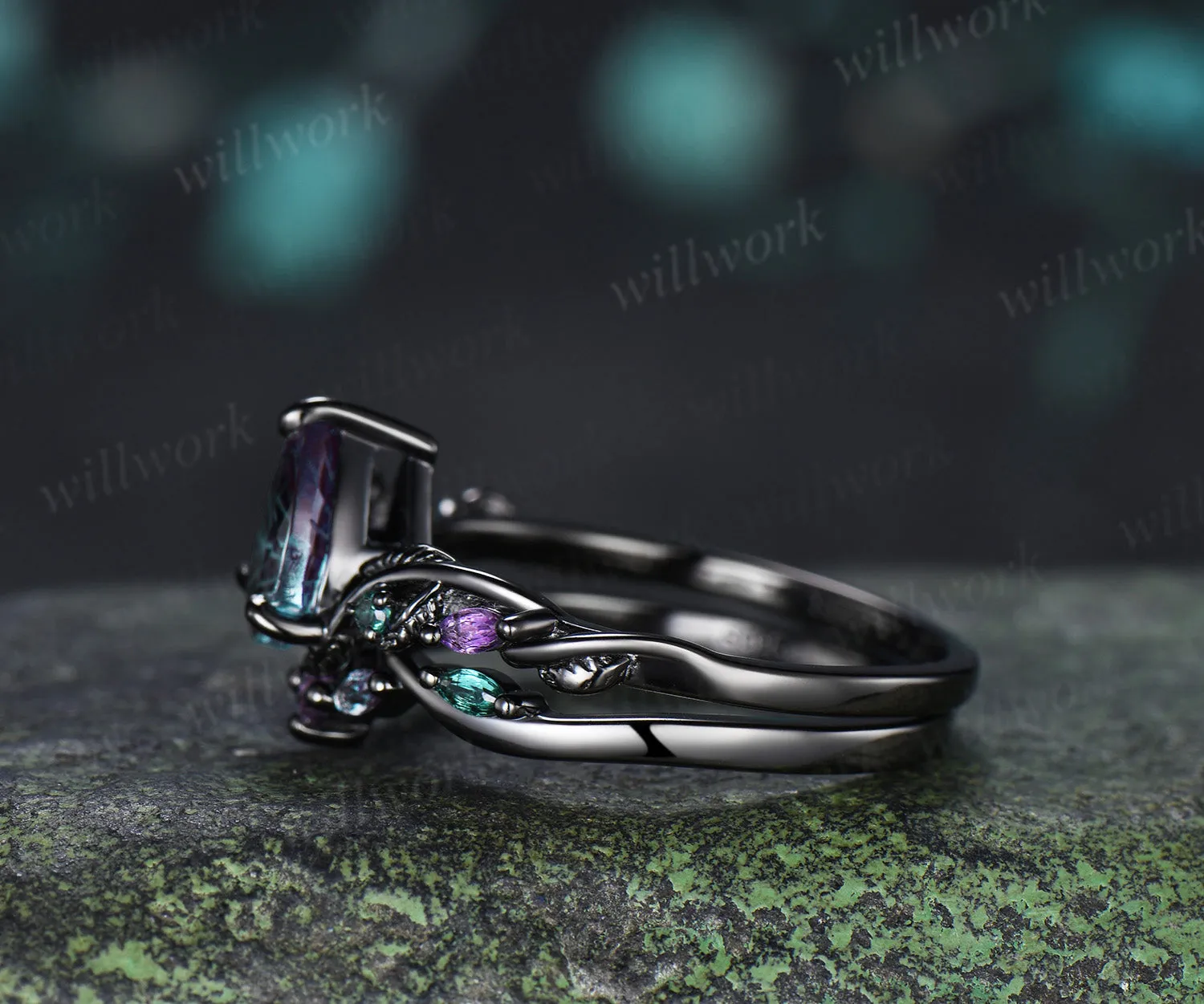Pear Fantasy Cut Alexandrite Ring Set Leaf Twig Amethyst Emerald Ring Curved Alexandrite Wedding Band Unique Bridal Set sold by Willwork Jewelry product image thumbnail 5