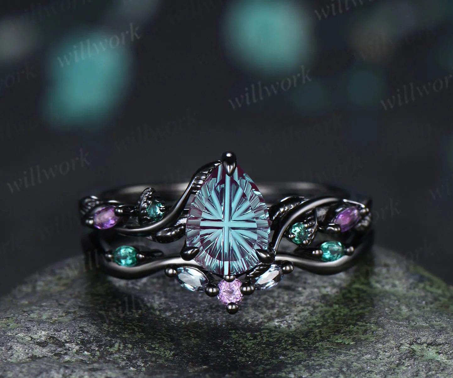 Pear Fantasy Cut Alexandrite Ring Set Leaf Twig Amethyst Emerald Ring Curved Alexandrite Wedding Band Unique Bridal Set sold by Willwork Jewelry