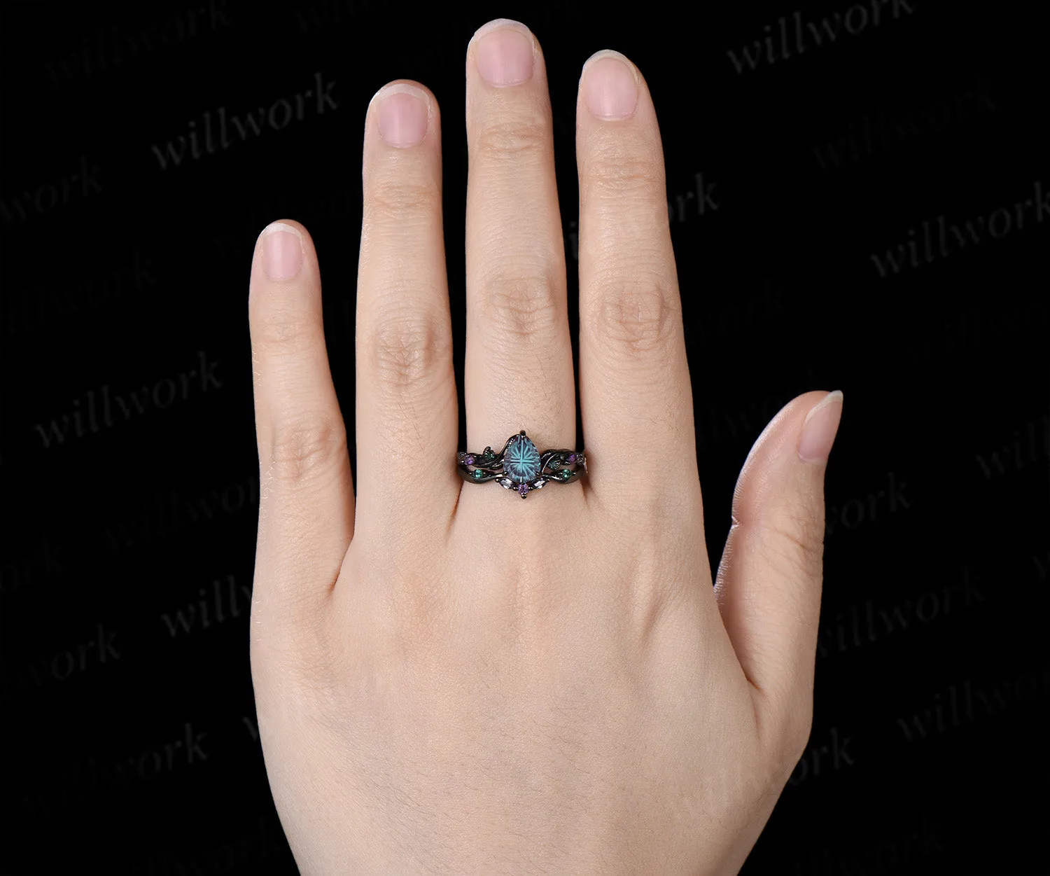 Pear Fantasy Cut Alexandrite Ring Set Leaf Twig Amethyst Emerald Ring Curved Alexandrite Wedding Band Unique Bridal Set sold by Willwork Jewelry product image thumbnail 2