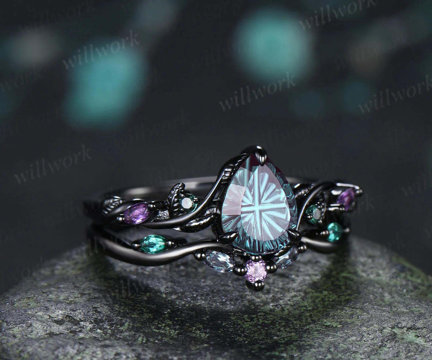 Pear Fantasy Cut Alexandrite Ring Set Leaf Twig Amethyst Emerald Ring Curved Alexandrite Wedding Band Unique Bridal Set sold by Willwork Jewelry product image thumbnail 3