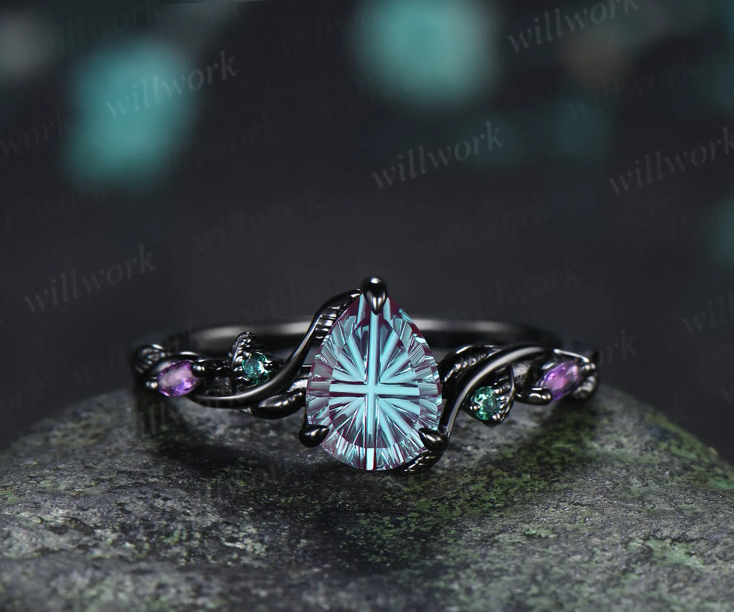 Pear Fantasy Cut Alexandrite Ring Set Leaf Twig Amethyst Emerald Ring Curved Alexandrite Wedding Band Unique Bridal Set sold by Willwork Jewelry product image thumbnail 4
