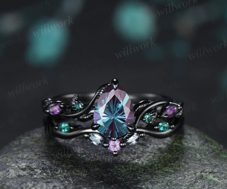 Fireworks Cut Alexandrite Engagement Ring Set Twig Leaf Amethyst Emerald Accent Promise Ring Matching Wedding Band Nature Inspired Bridal Set made by Willwork Jewelry