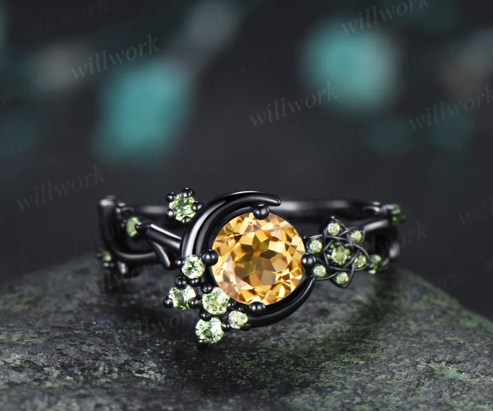 Round Cut Citrine Engagement Ring Moon Peridot Cluster Promise Ring Floral Twig Branch Ring November Birthstone Jewelry made by Willwork Jewelry