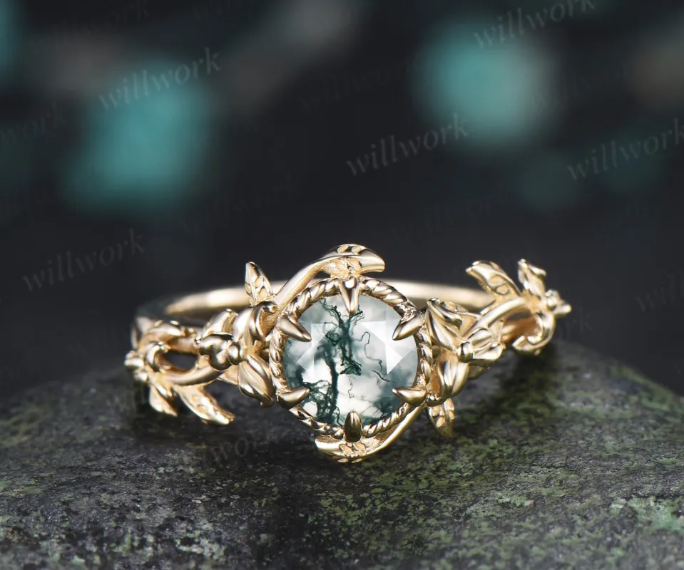 Round Moss Agate Twisted Floral Vine Engagement Ring Nature Inspired Solitaire Promise Ring for Her made by Willwork Jewelry