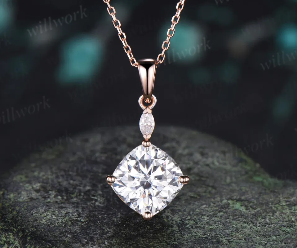 2ct cushion cut moissanite necklace 14k rose gold two stone marquise pendant women her gemstone anniversary bridal gift mother made by Willwork Jewelry
