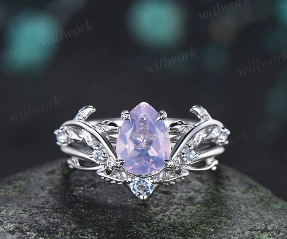 Teardrop pear cut Lavender Amethyst engagement ring 14k white gold cluster leaf nature inspired aquamarine wedding ring set women gift made by Willwork Jewelry
