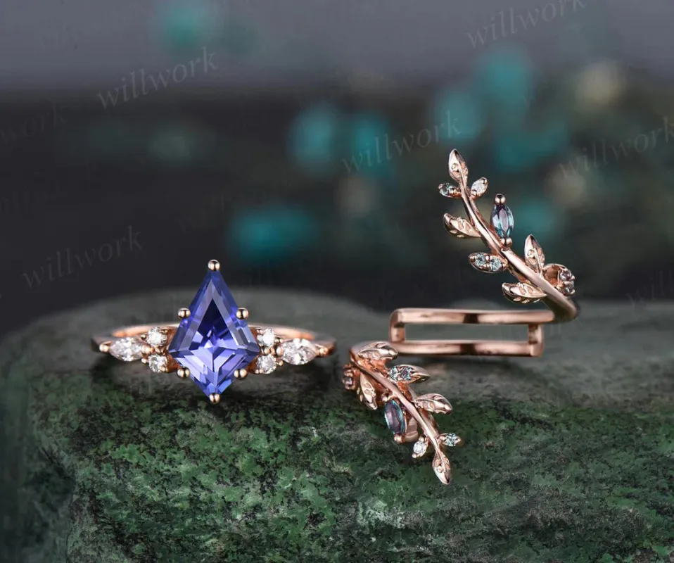 Kite Cut Tanzanite Engagement Ring Set Leaf Vine Alexandrite Diamond Wedding Band Enhancer Unique Wedding Bridal Set made by Willwork Jewelry