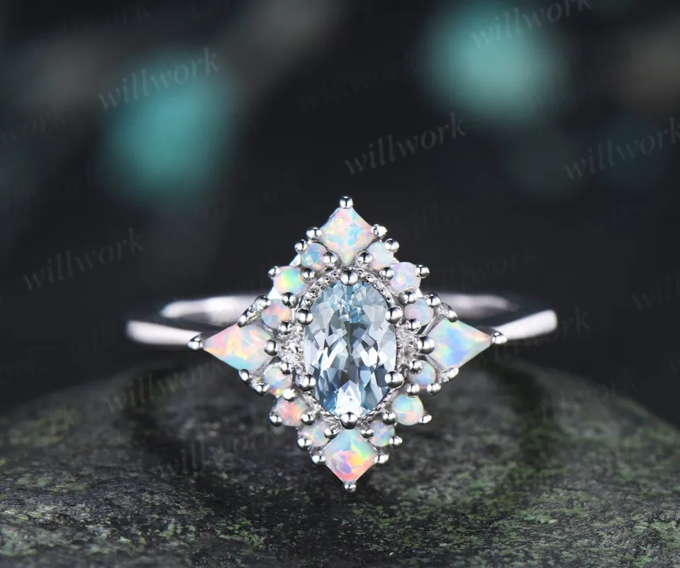 Oval cut aquamarine ring vintage white gold halo kite square opal unique engagement ring women wedding bridal ring gift for her made by Willwork Jewelry