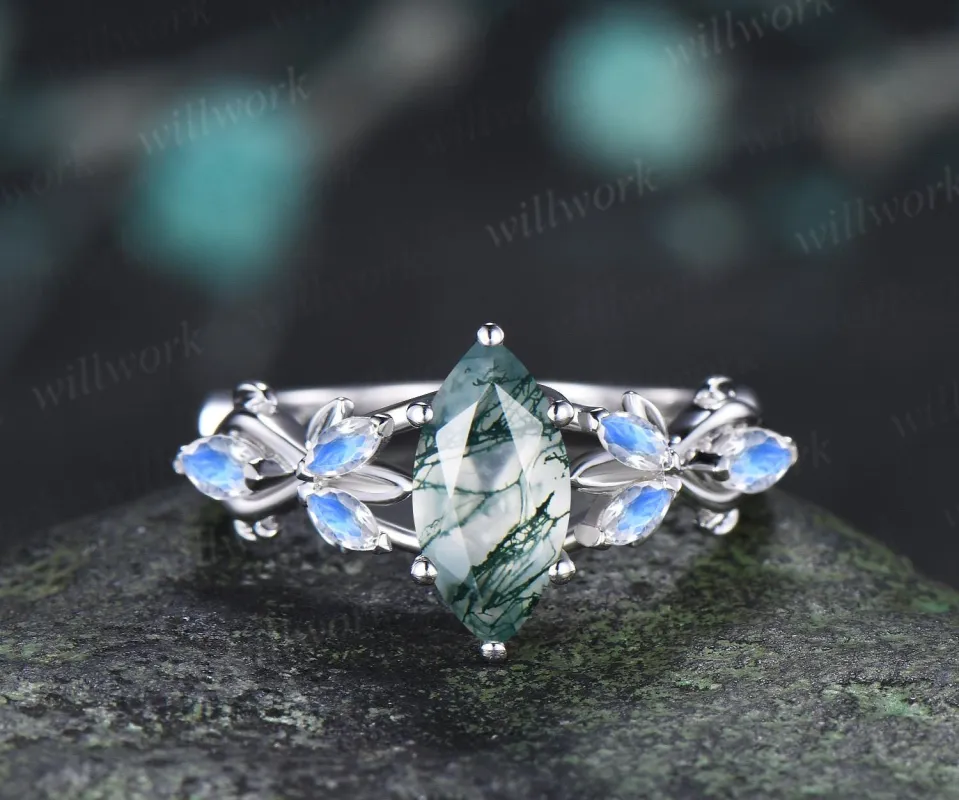 1ct marquise cut moss agate moonstone engagement ring vintage solid 14k white gold leaf infinity promise wedding ring women jewelry made by Willwork Jewelry