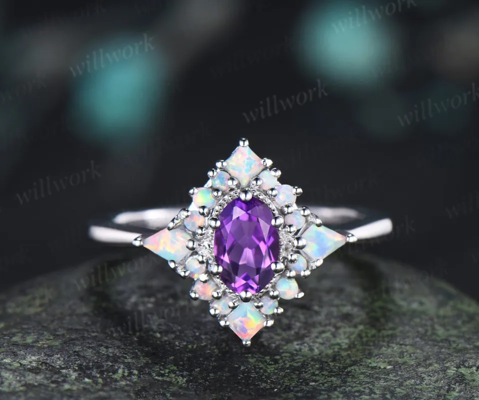 Oval cut amethyst ring vintage white gold halo kite square opal unique engagement ring women wedding anniversary ring gift for her made by Willwork Jewelry