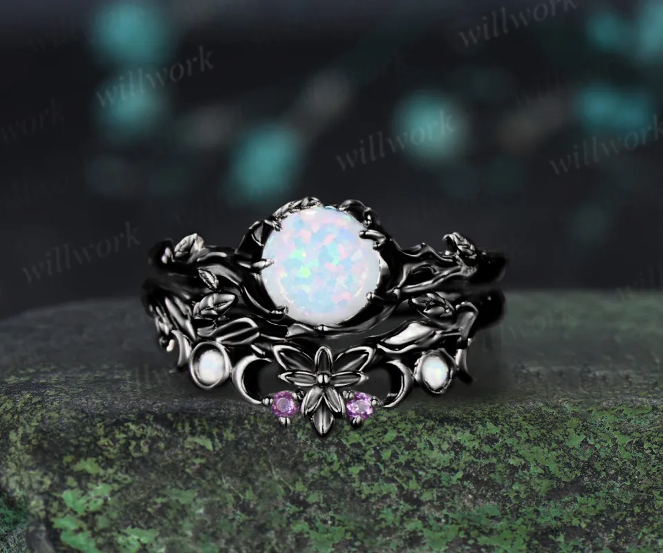 Round White Opal Engagement Ring Black Gold Leaf Branch Bridal Set Nature Inspired Floral Wedding Ring October Birthstone Promise Women Gifts made by Willwork Jewelry