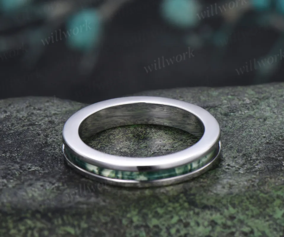 Unique Moss Agate Wedding Band for Men Natural Moss Agate Half Eternity Inlay Ring Modern Men Ring made by Willwork Jewelry