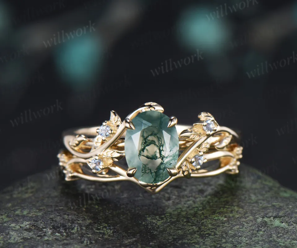 Oval cut Natural Moss Agate Engagement Ring Set Twig Leaf Promise Ring Aquamarine Wedding Band Nature Inspired Bridal Set made by Willwork Jewelry