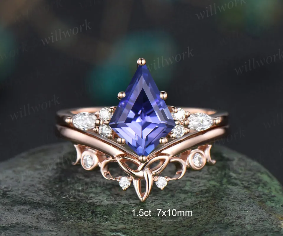 Kite Natural Tanzanite Engagement Ring Set Marquise Diamond Accent Seven Stone Ring Celtic Knot Wedding Band Vintage Bridal Set made by Willwork Jewelry