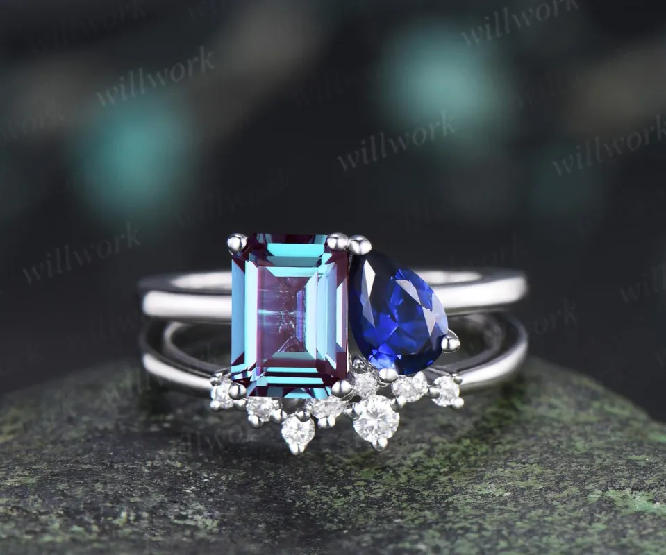 Toi et moi emerald cut alexandrite pear sapphire engagement ring solid 14k white gold Personalized snowdrift bridal wedding ring set women made by Willwork Jewelry