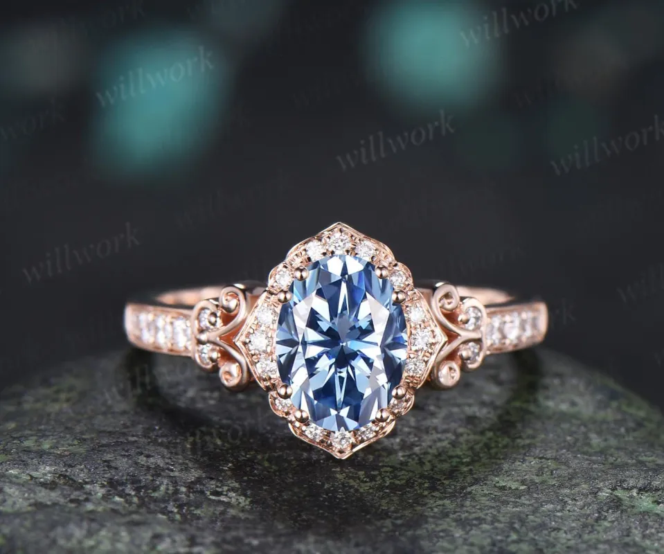 Oval cut blue moissanite engagement ring 14k rose gold halo diamond half eternity vintage wedding promise ring women jewelry made by Willwork Jewelry
