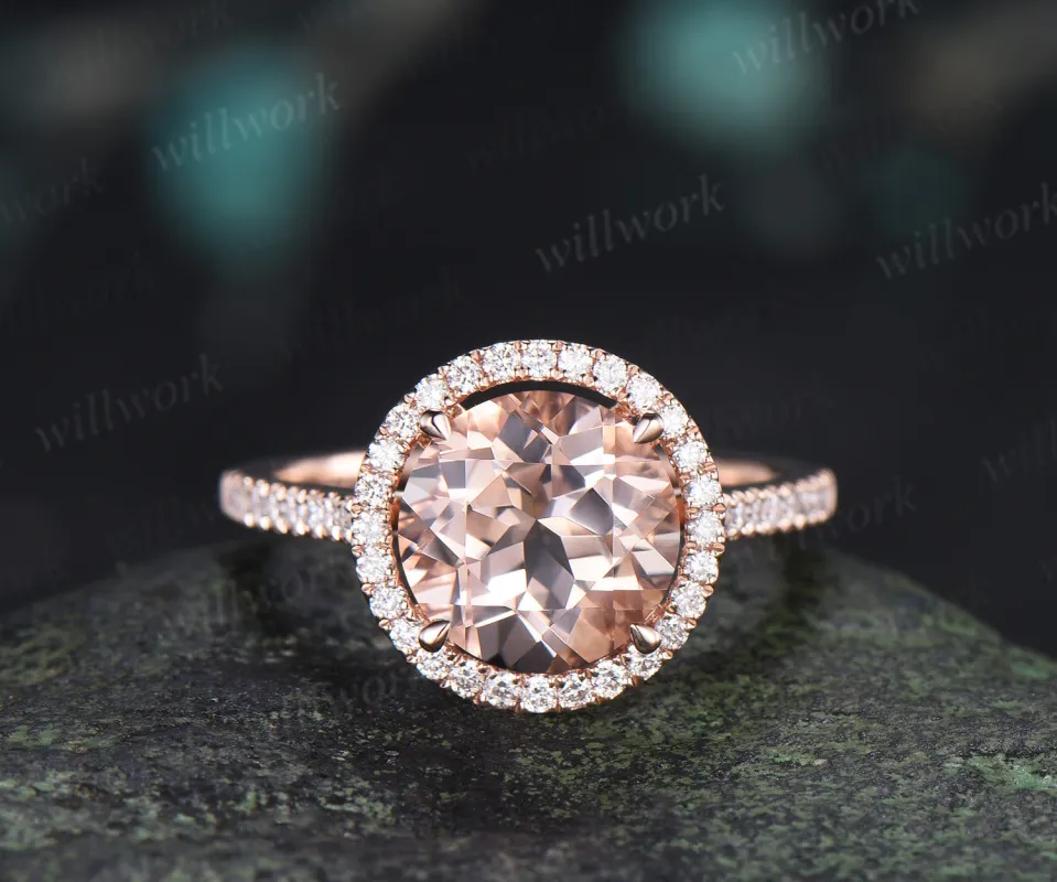 Vintage Round Natural Morganite Engagement Ring Diamond Halo Half Eternity Wedding Ring Anniversary Gifts for Her made by Willwork Jewelry