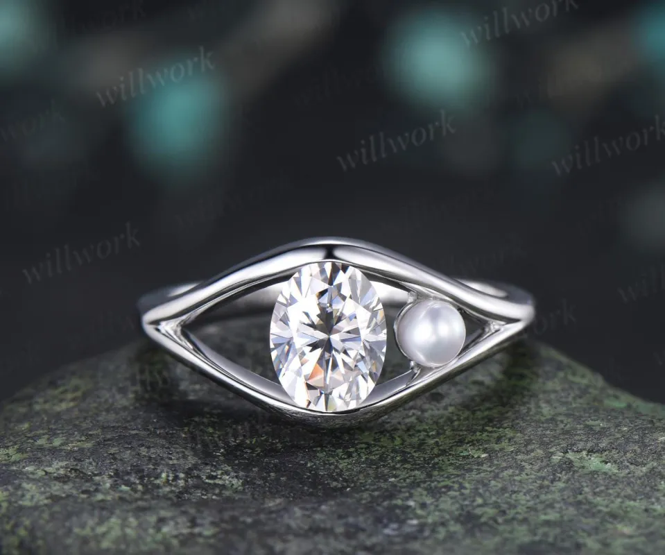 Toi et moi oval cut moissanite pearl engagement ring solid 14k white gold two stone split shank wedding promise ring women jewelry made by Willwork Jewelry