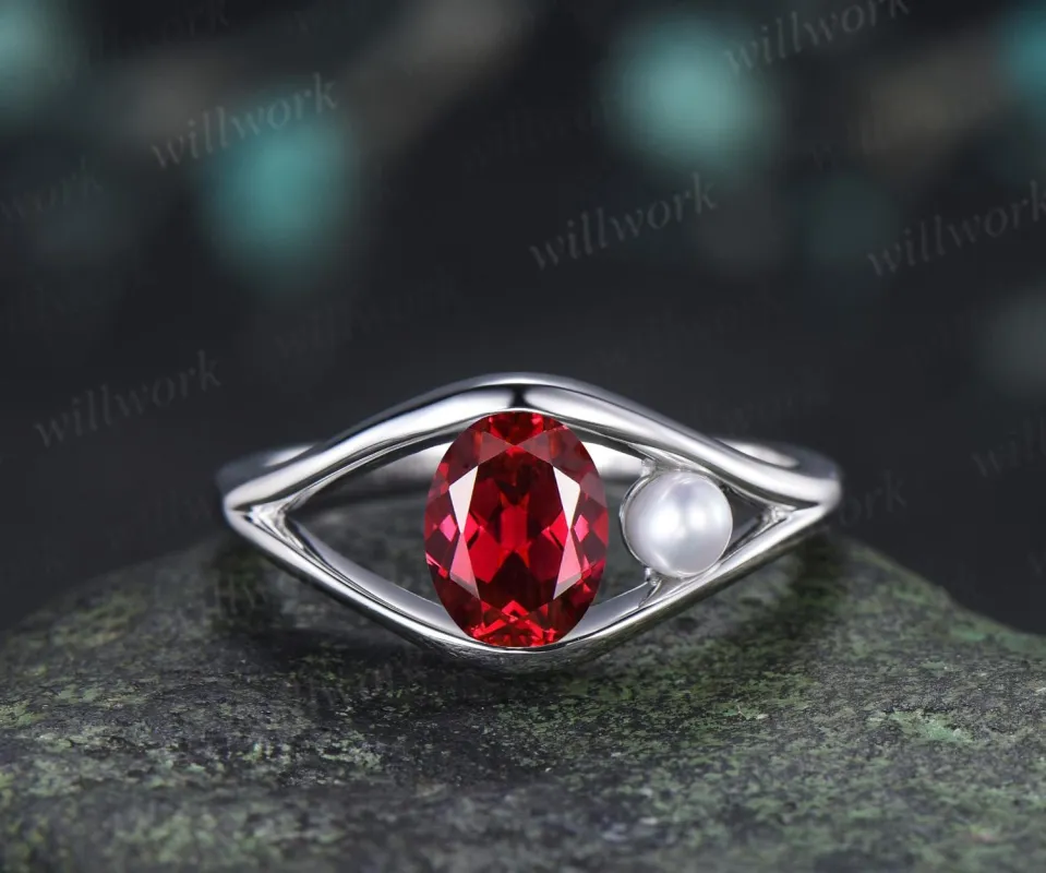 Oval cut red ruby pearl engagement ring solid 14k white gold split shank two stone wedding promise ring women jewelry made by Willwork Jewelry