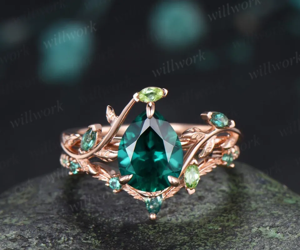 Teardrop pear cut green emerald engagement ring 14k rose gold cluster leaf nature inspired peridot bridal promise wedding ring set women made by Willwork Jewelry