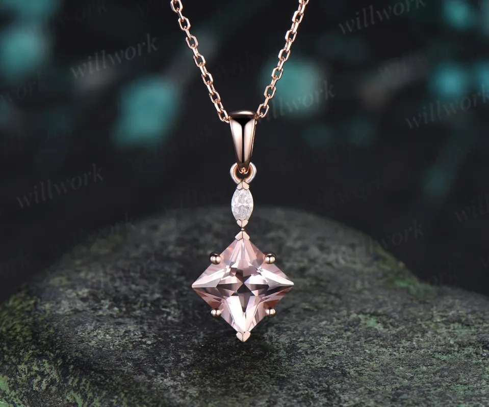 Princess cut morganite necklace 14k rose gold two stone marquise moissanite pendant women her pink gemstone anniversary bridal gift mother made by Willwork Jewelry
