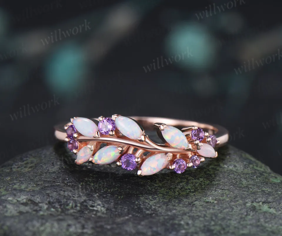 Marquise Opal & Amethyst Wedding Band Garden Inspired Leaf Ring Nature Inspired Bridal Jewelry made by Willwork Jewelry