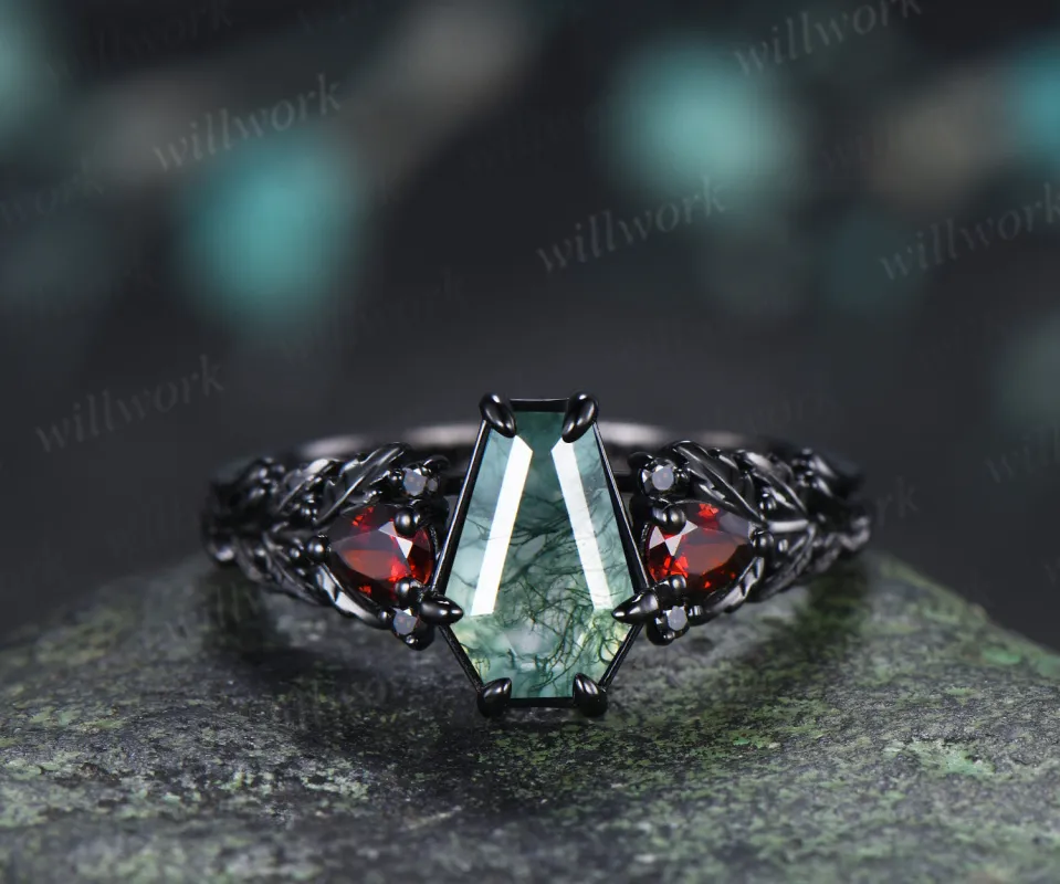 Gothic Coffin Moss Agate Engagement Ring Oak Leaf Garnet Black Gold Ring Gifts for Women made by Willwork Jewelry