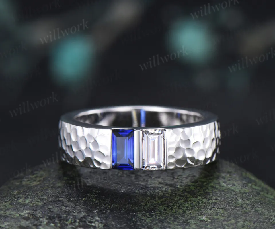 Baguette Sapphire Moissanite Men's Wedding Ring 5mm Hammered Unique Two Stone Engagement Ring for Men made by Willwork Jewelry