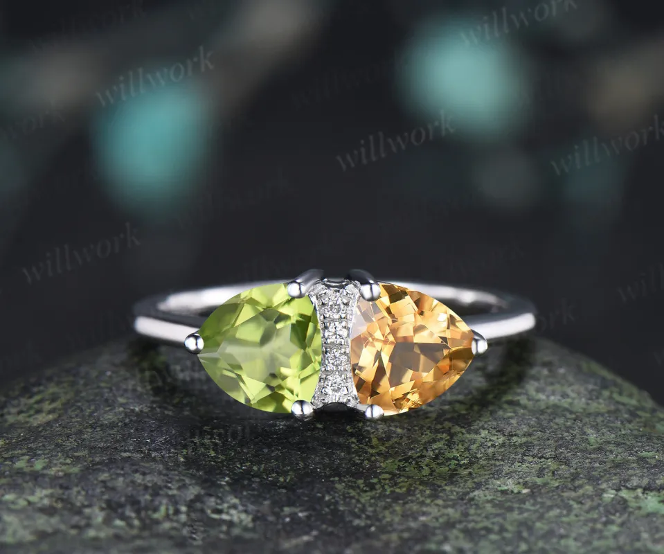 Trillion Cut Peridot Citrine Engagement Ring Personalized Toi Et Moi Two Birthstone Ring for Couple BFF made by Willwork Jewelry