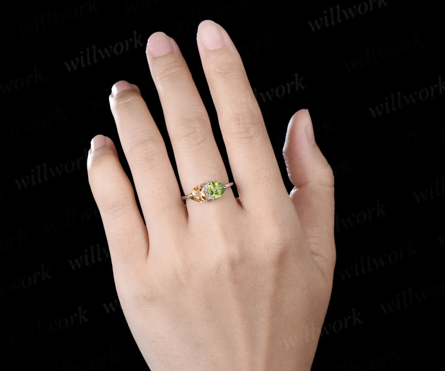 Trillion Cut Peridot Citrine Engagement Ring Personalized Toi Et Moi Two Birthstone Ring for Couple BFF sold by Willwork Jewelry product image thumbnail 2