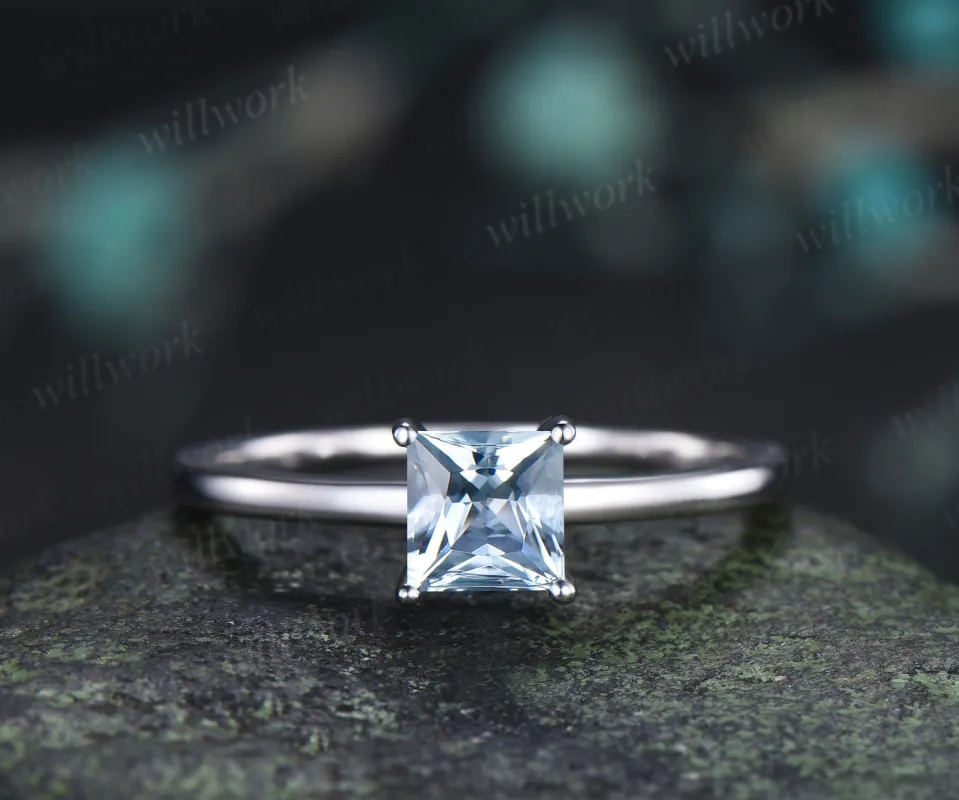 Princess Cut Aquamarine Engagement Ring Dainty Solitaire Ring March Birthstone Jewelry Gift made by Willwork Jewelry