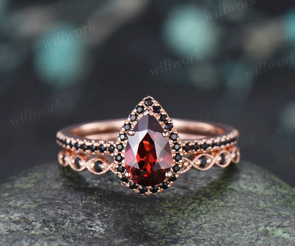 Pear Garnet Halo Engagement Ring Set Dainty 5x8mm Teardrop Garnet Ring Milgrain Black Spinel Wedding Band Vintage Bridal Set made by Willwork Jewelry