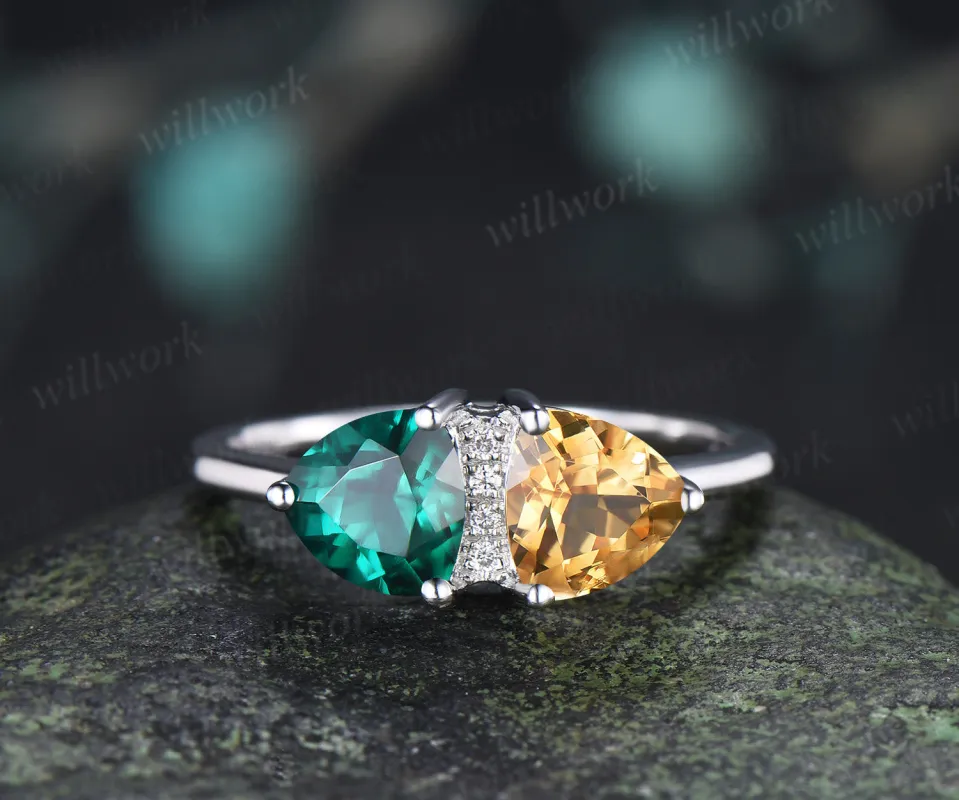 Trillion Cut Emerald & Citrine Toi et Moi Ring Personalized Two Birthstone Couple Ring BFF Jewelry Gift made by Willwork Jewelry