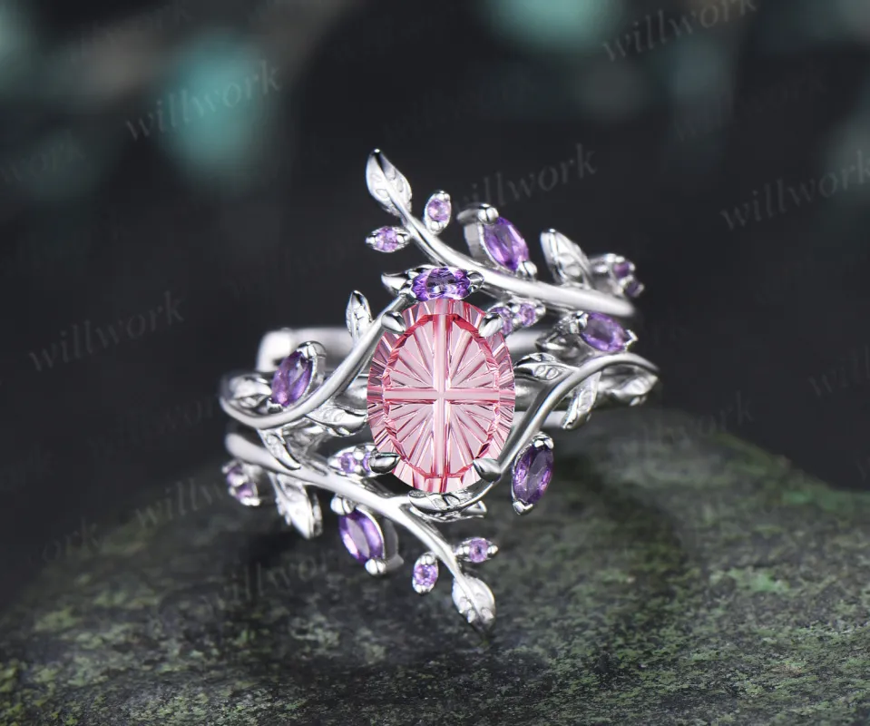 Oval Fantasy Cut Padparadscha Leaf Vine Engagement Ring Amethyst Enhancer Wrap Band Nature Inspired Pink Sapphire Bridal Set made by Willwork Jewelry