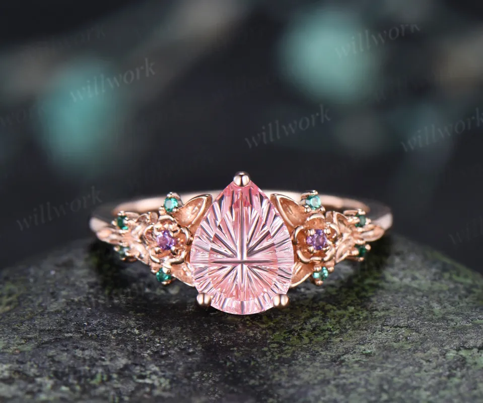 Fantasy Cut Padparadscha Engagement Ring Pear Shape Pink Sapphire Floral Amethyst Emerald Leaf Nature Inspired Ring made by Willwork Jewelry