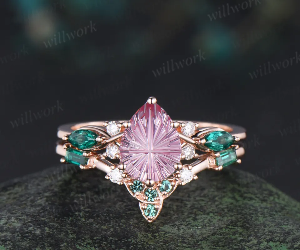 Pear Fantasy Cut Padparadscha Engagement Ring Seven Stone Pink Sapphire Promise Ring Celtic knot Baguette Cut Emerald Band Bridal Set made by Willwork Jewelry