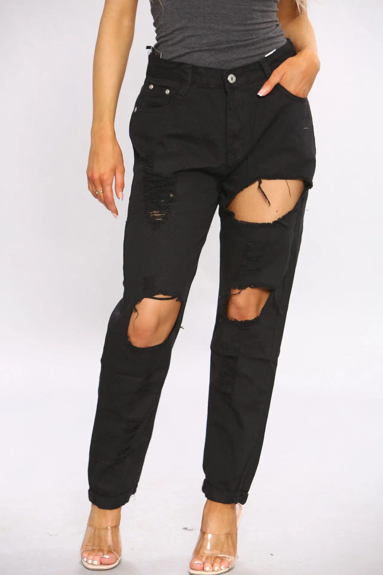 Ripped Denim Black Mom Jeans sold by Denimwise